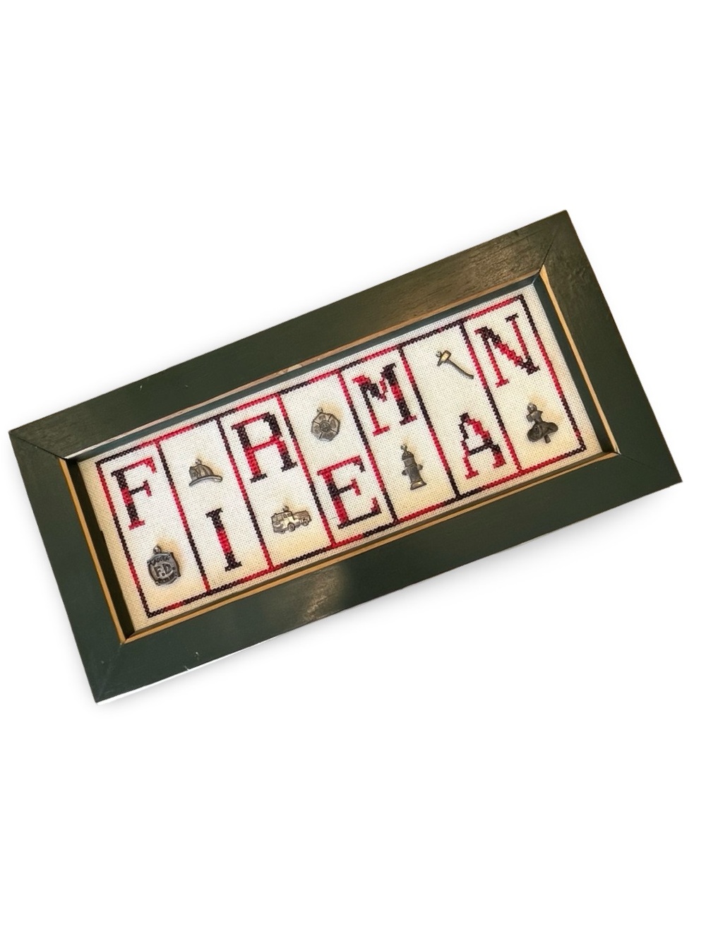 Fireman Cross Stitch Framed Sampler 9”